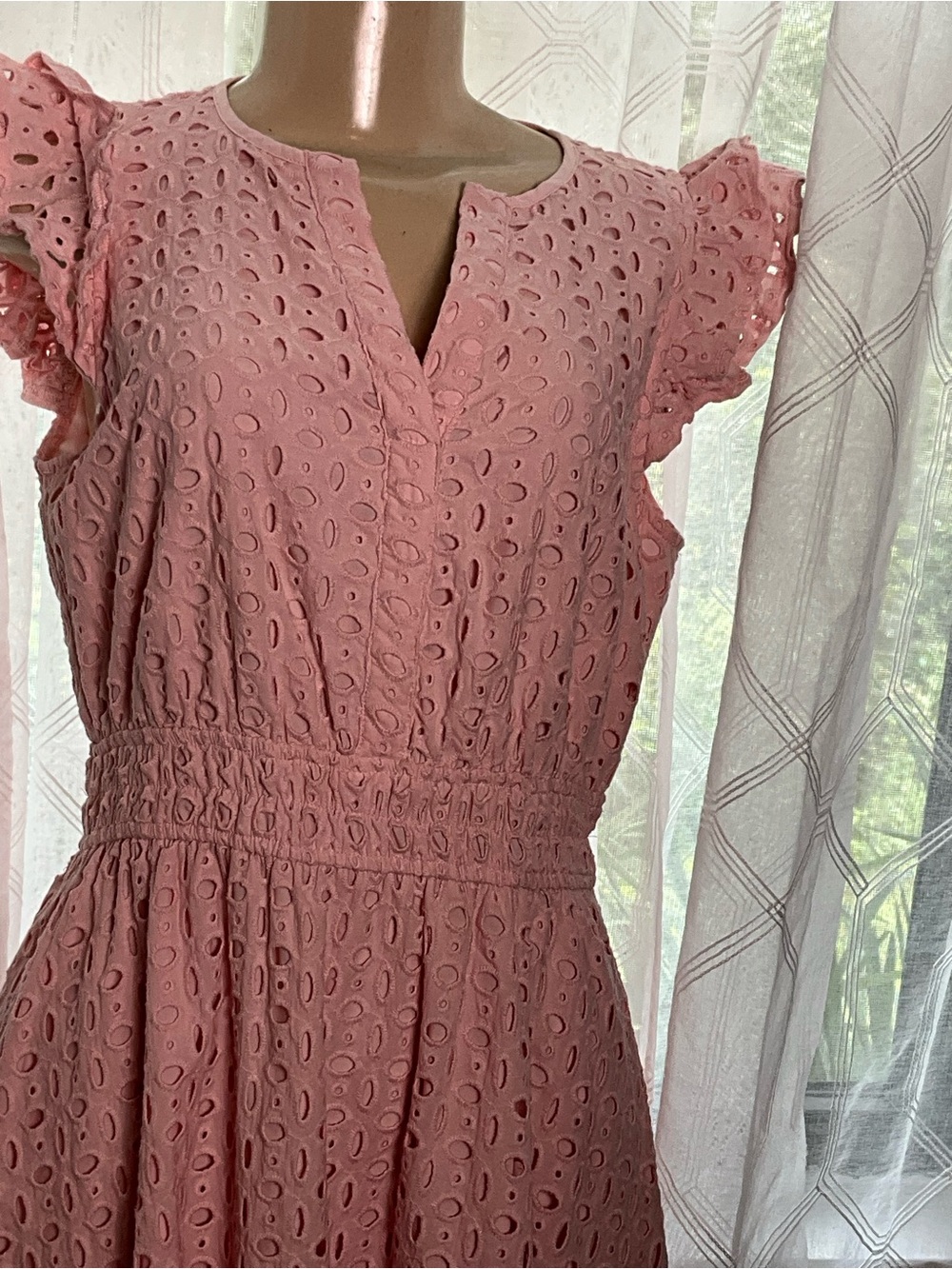 Smocked Waist Eyelet Midi Dress in Dusty Pink